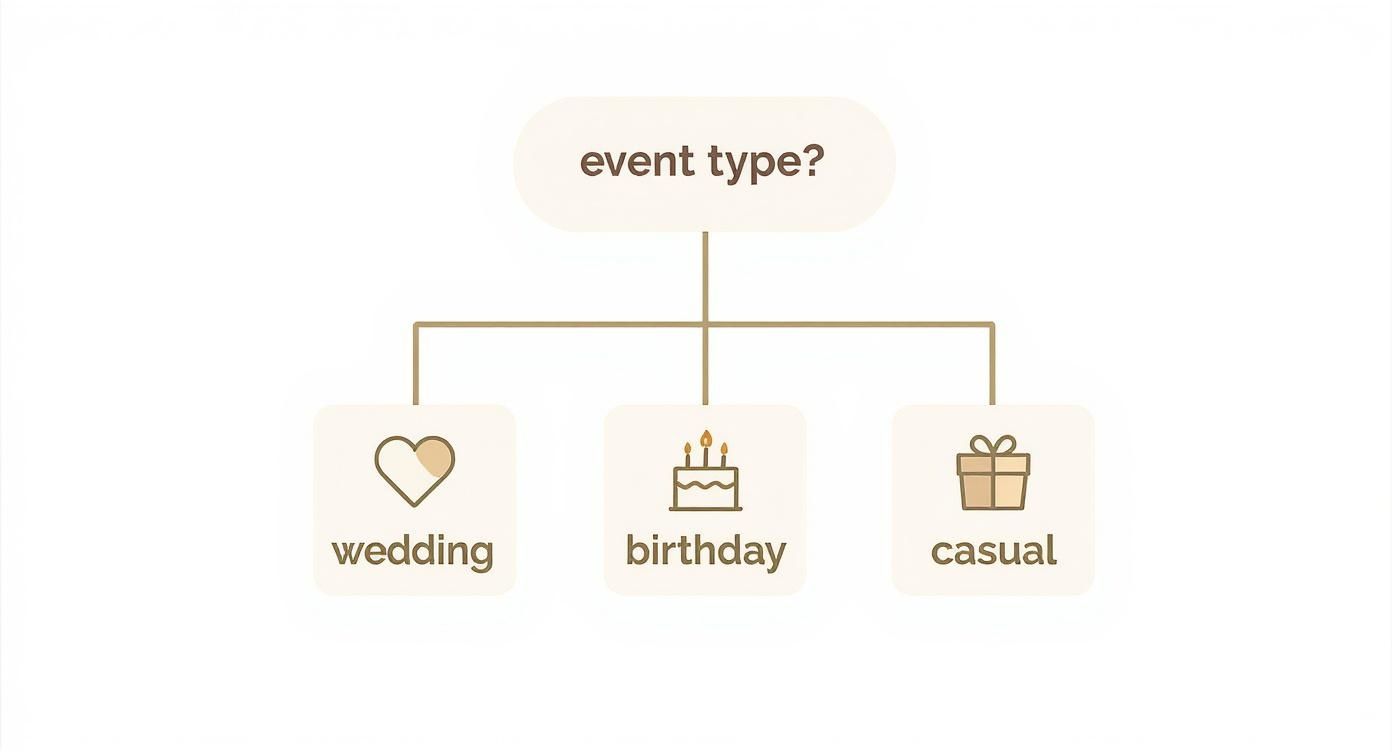 Flowchart showing three event types: wedding with heart icon, birthday with cake icon, and casual with gift icon