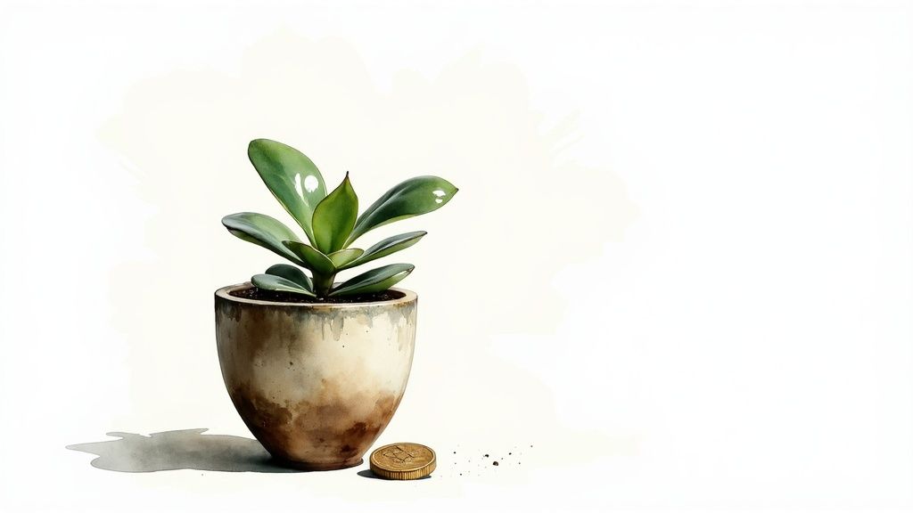 A collection of lucky house plants in various artisan pots.