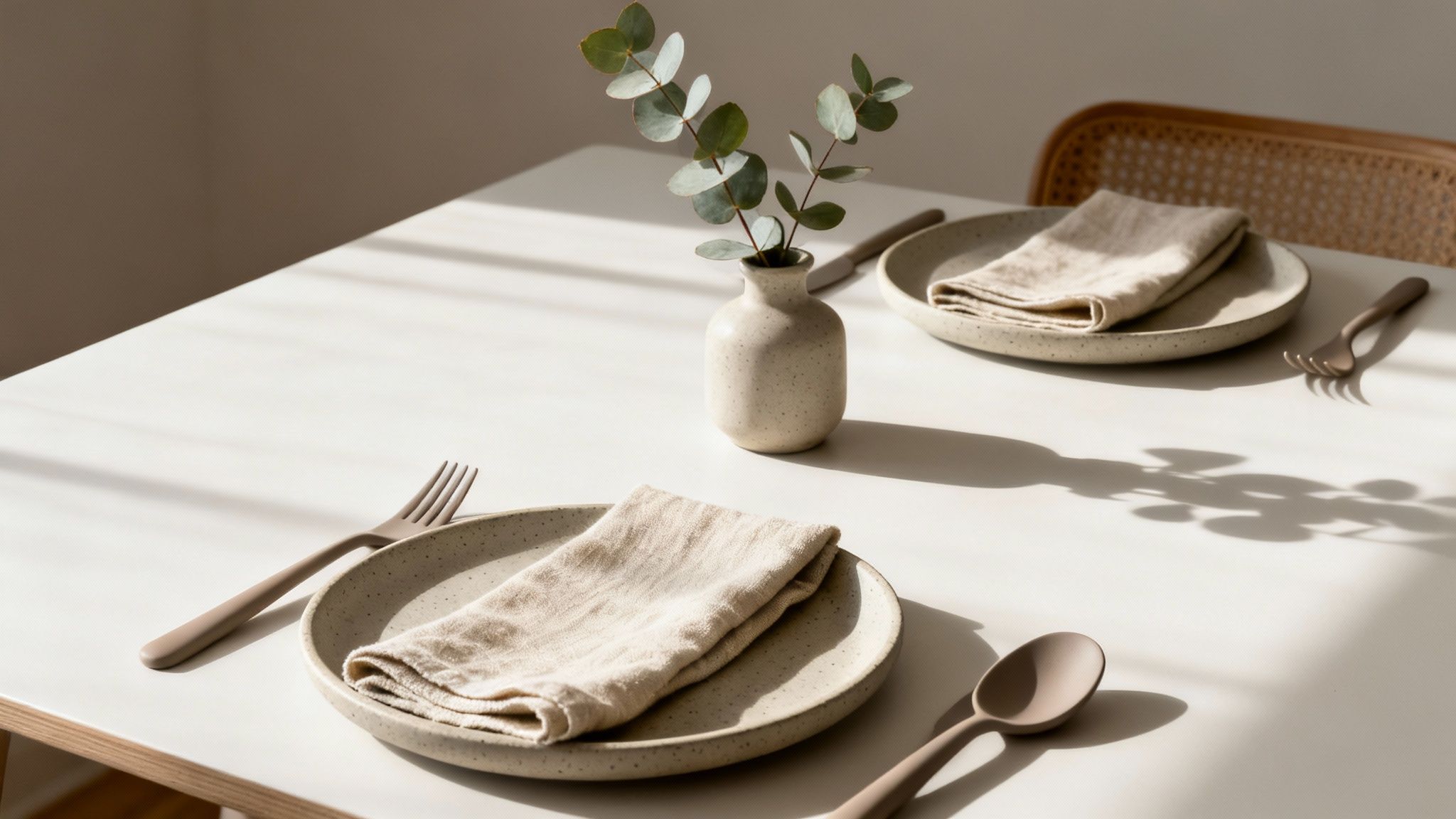 A modern dining table set for two with stoneware plates, linen napkins, and eucalyptus in a vase.