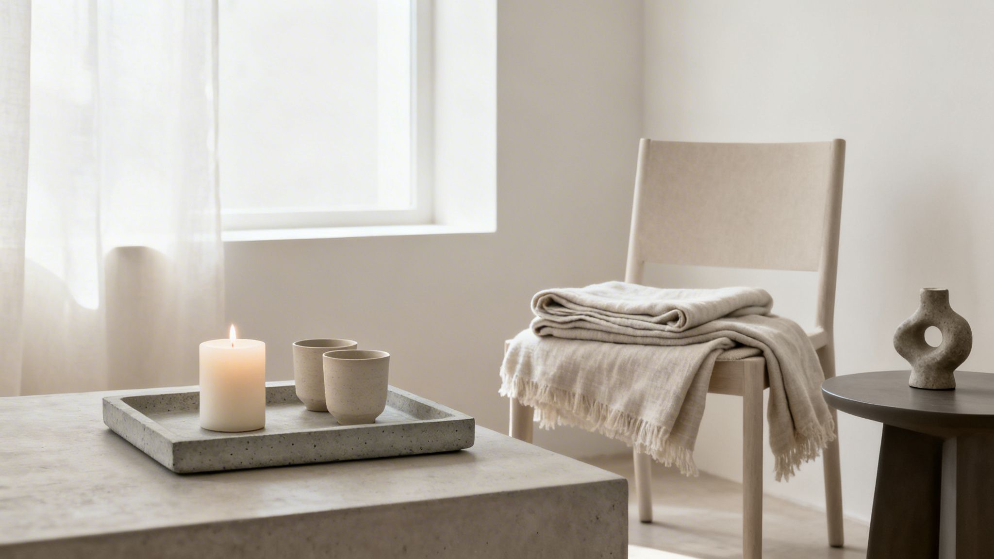 A serene, minimalist room featuring a lit candle, two mugs, and blankets on a chair, exuding calm.