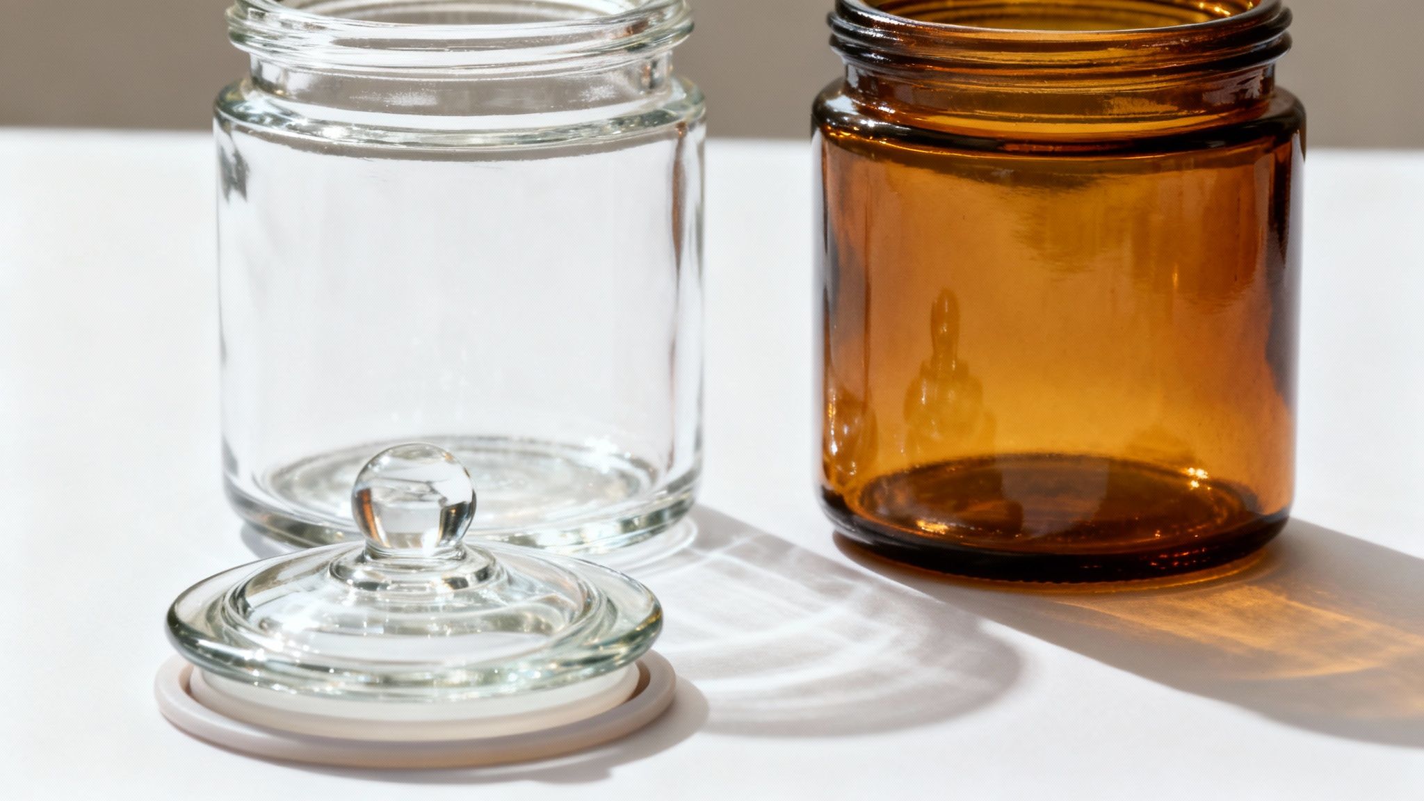 Clear and amber glass jars with a lid, casting shadows on a bright white background.