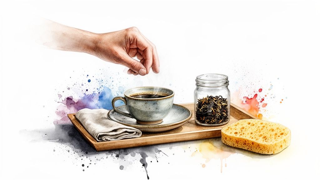 A watercolor illustration of a hand adding something to a steaming cup on a tray with tea leaves and a sponge.