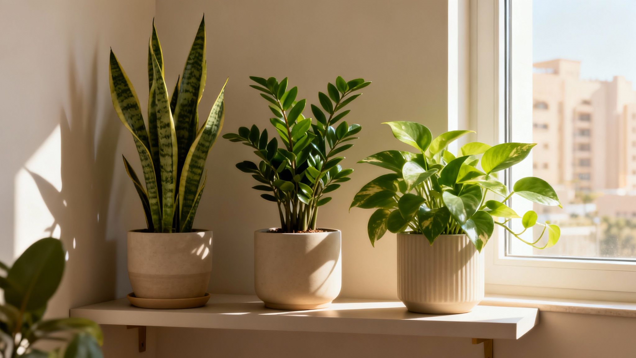 Three potted indoor plants, including snake plant and pothos, basking in sunlight on a shelf.