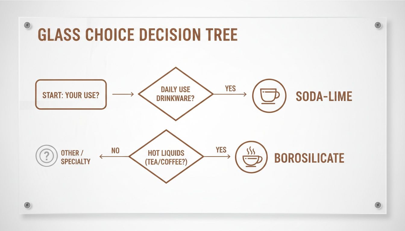 Decision tree flowchart showing how to choose glass type: soda-lime for daily use, borosilicate for hot liquids.
