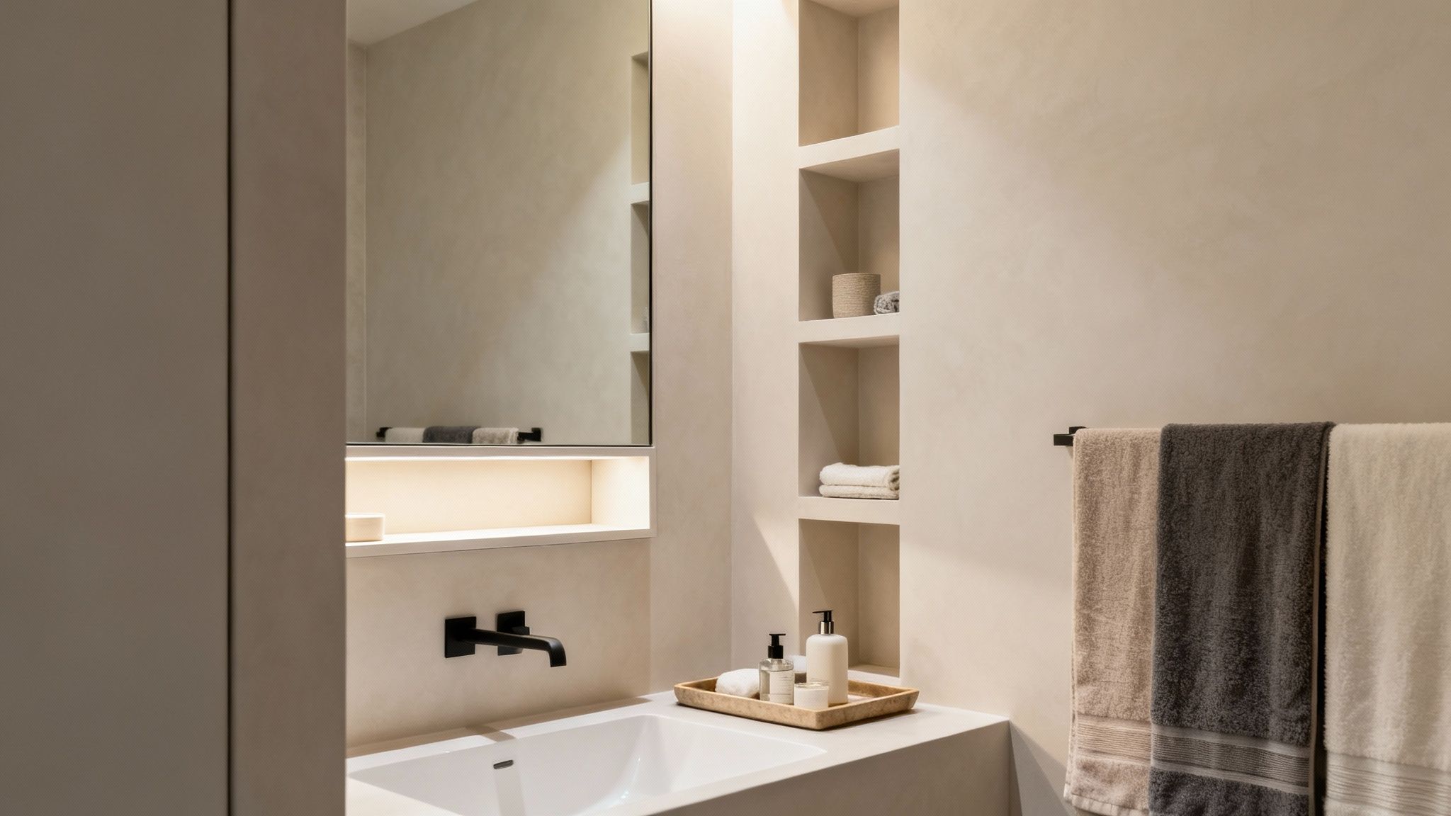 A modern, minimalist bathroom featuring a sink, black faucet, illuminated mirror, built-in shelves, and soft towels.