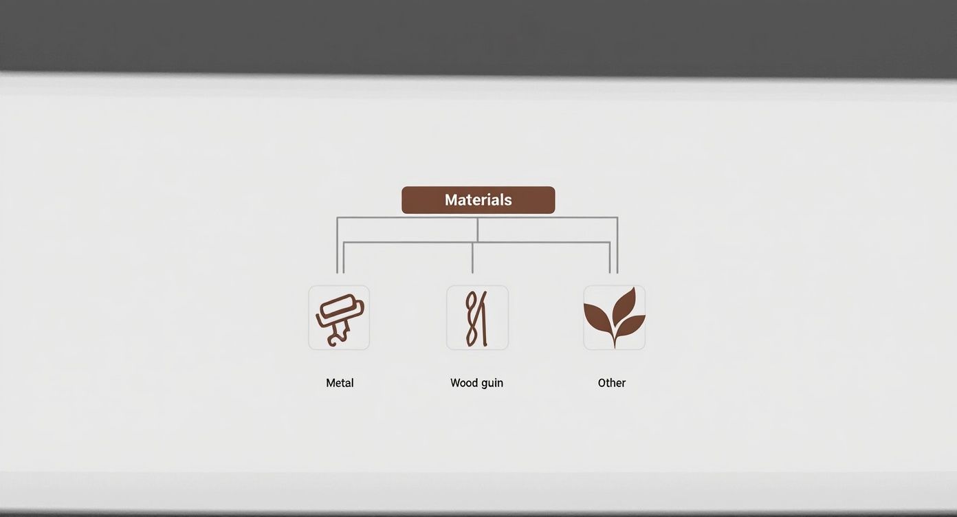 An infographic showing a hierarchy diagram for kitchen shelf materials. The central hub is 'Materials', which branches out to 'Metal' (with a steel bar icon), 'Wood' (with a wood grain icon), and 'Other' (with a leaf icon).