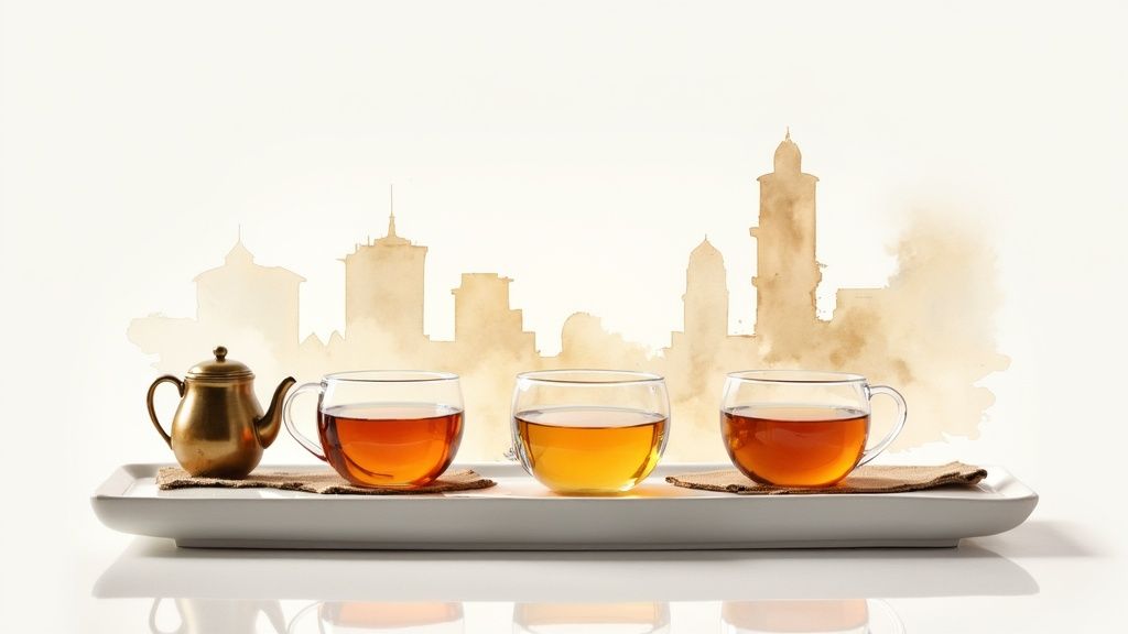 A brass teapot and three glass cups of tea on a white tray, with a watercolor city skyline.