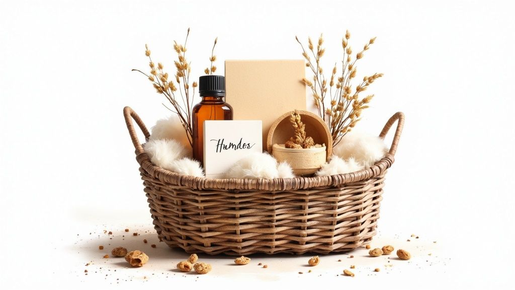 A cozy gift basket with an amber bottle, dried grasses, fluffy elements, and a blank card.