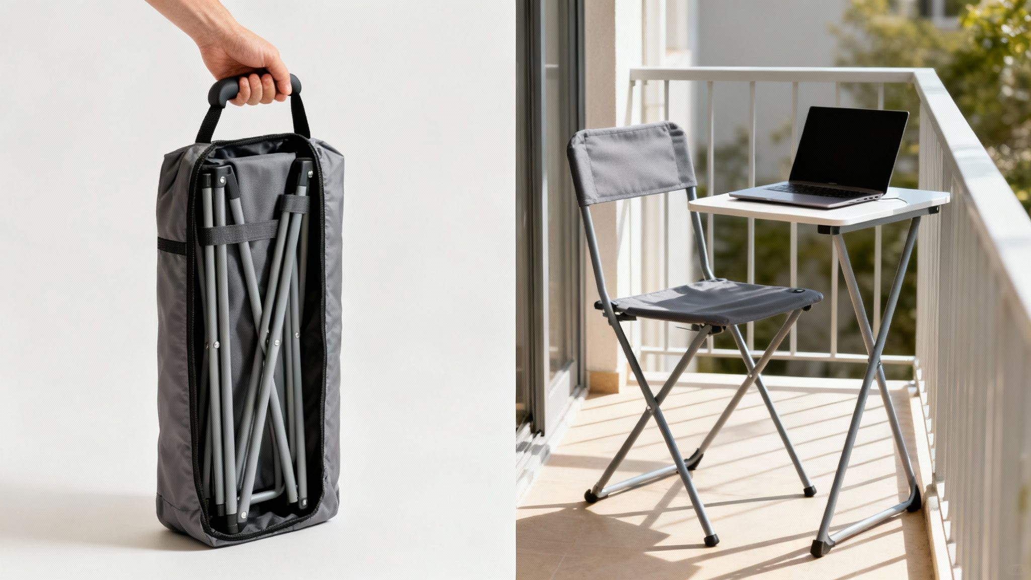 A person relaxing in a foldable chair with a table at a scenic outdoor location.