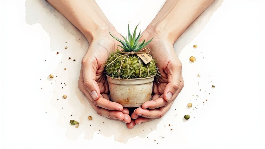 A pair of hands gently cradles a small, green potted plant with a rustic tag on white.
