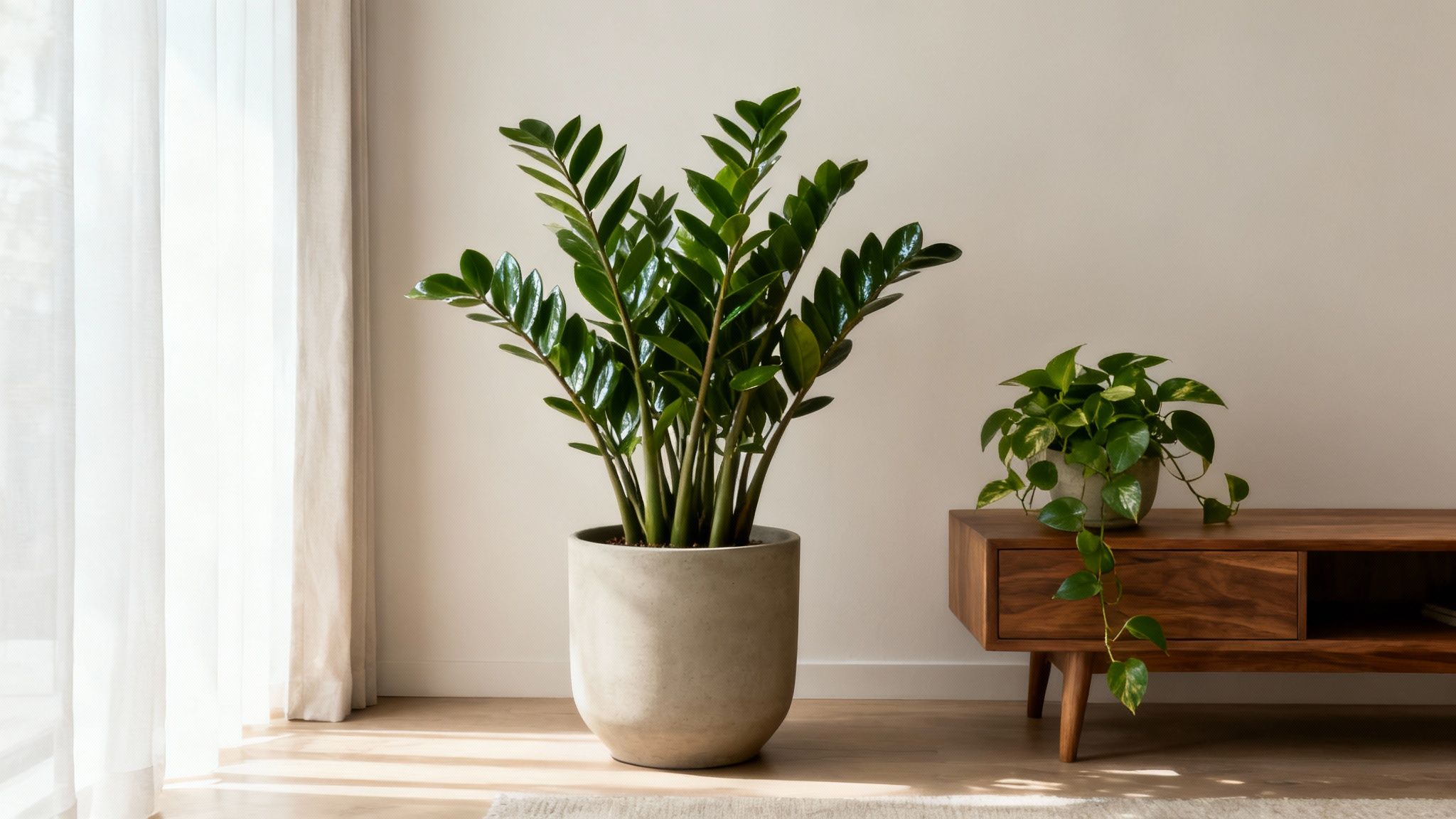 A minimalist room with a tall ZZ plant in a concrete pot and a pothos on a wooden console.