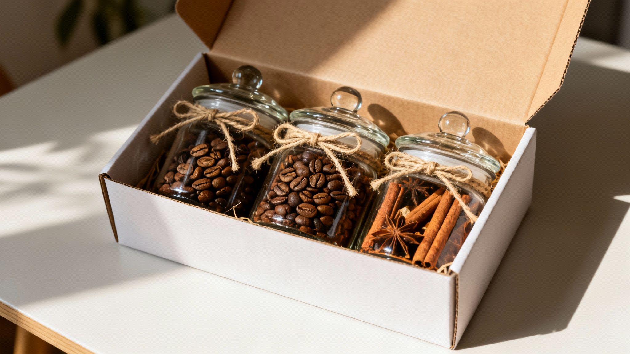 Three glass jars with coffee beans and spices, tied with twine, presented in a gift box.