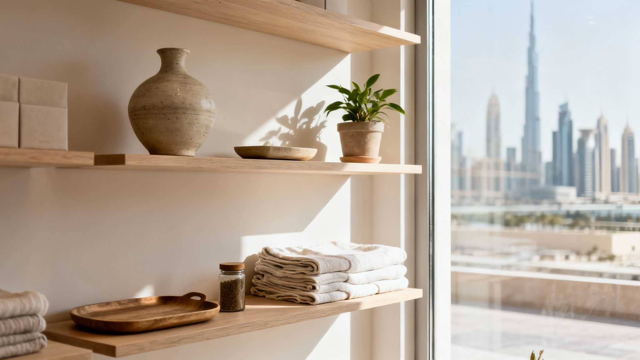 Sunlit room with decorative wooden shelves, a plant, towels, and a stunning blurred city skyline.