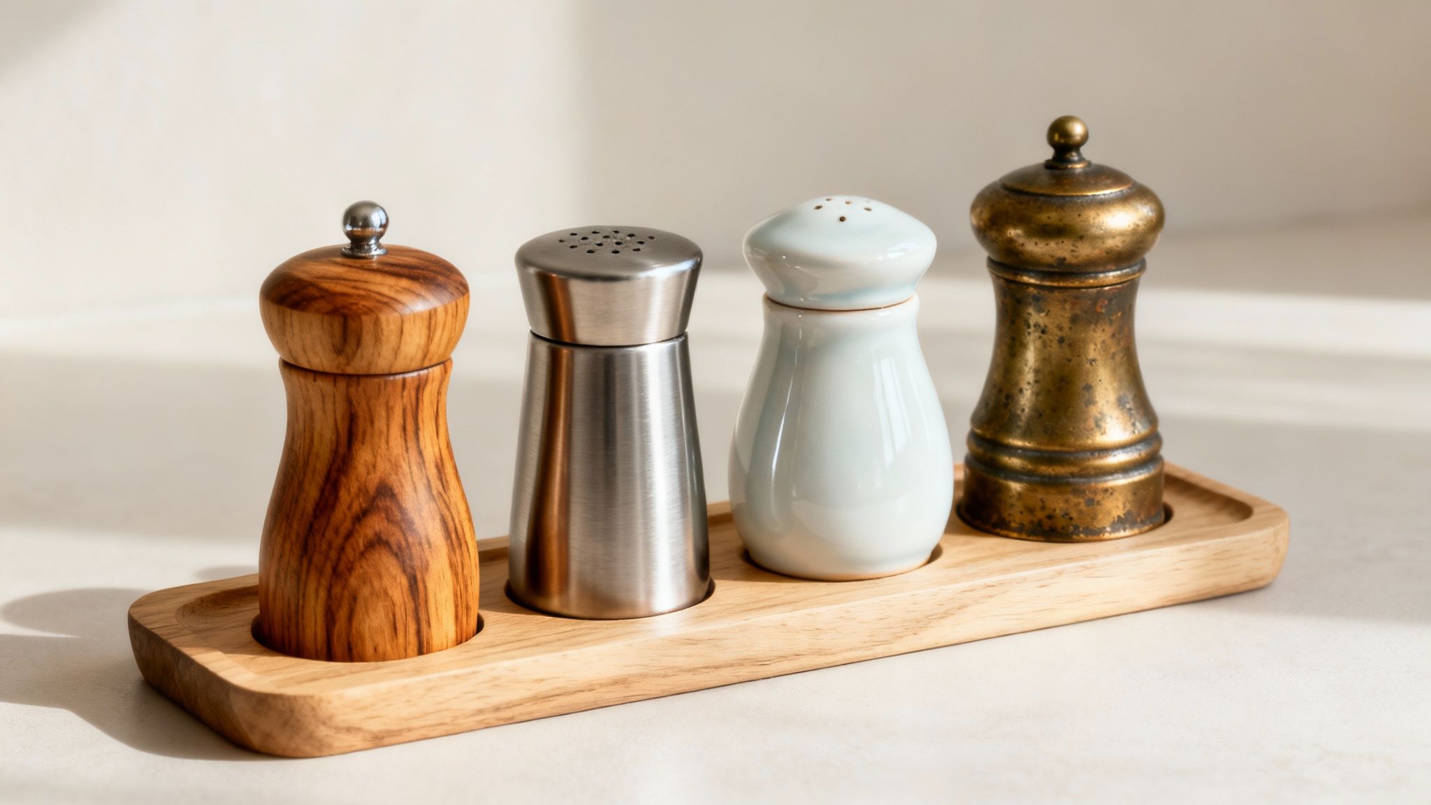 Four various salt and pepper shakers on a wooden tray, featuring wood, steel, ceramic, and brass designs.