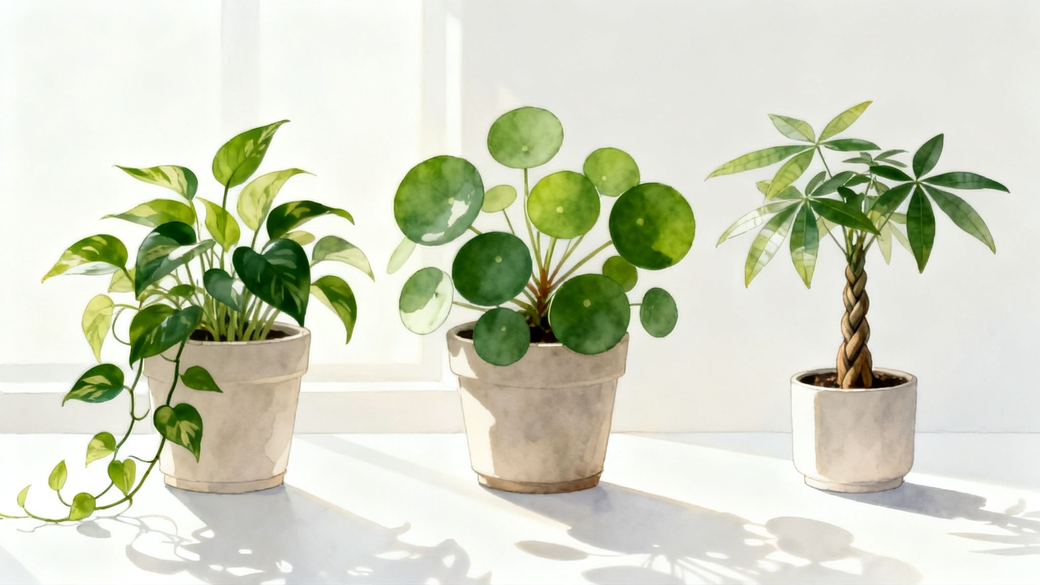 Three healthy potted indoor plants on a white surface, bathed in natural sunlight.