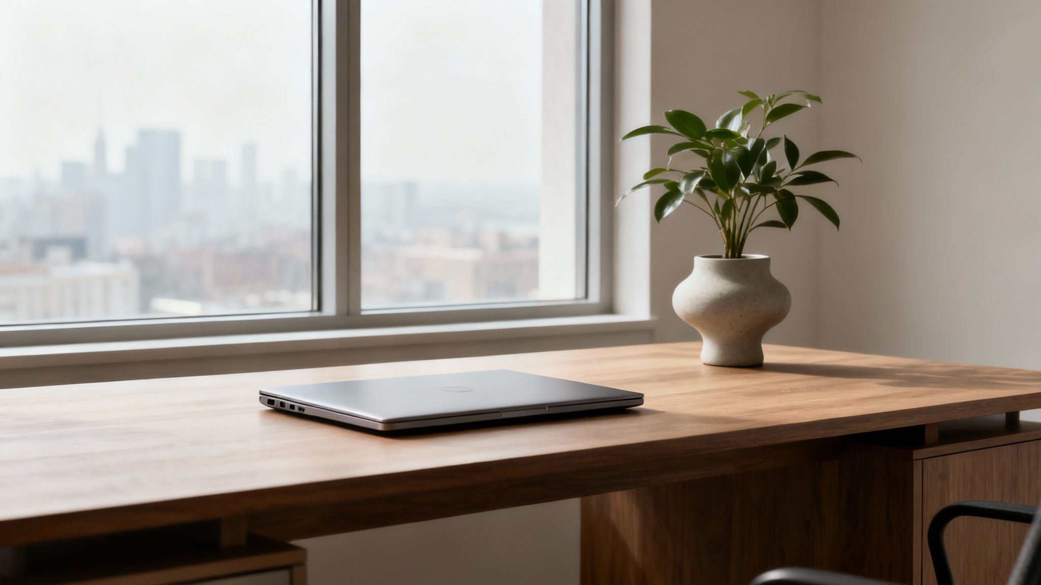 Modern office desk with a laptop, potted plant, and a large window overlooking a city.
