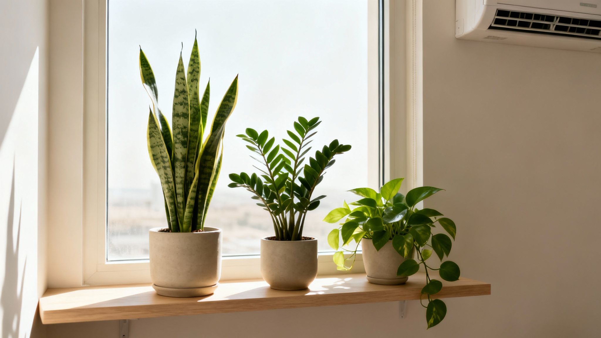 Three healthy potted indoor plants, including a snake plant, ZZ plant, and pothos, on a sunny windowsill.
