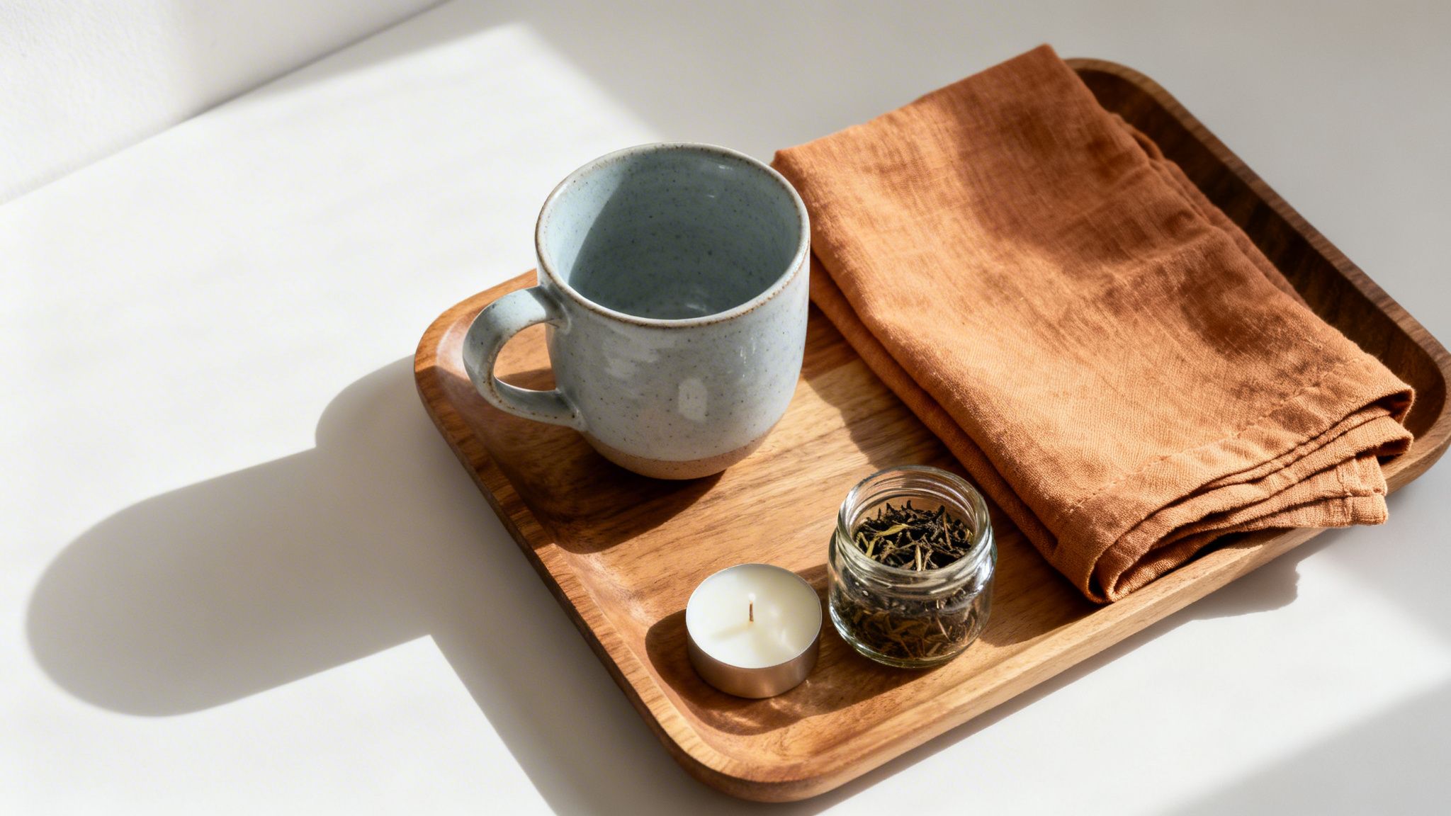 A cozy tea setup on a wooden tray with a light blue mug, loose leaf tea, and a candle.