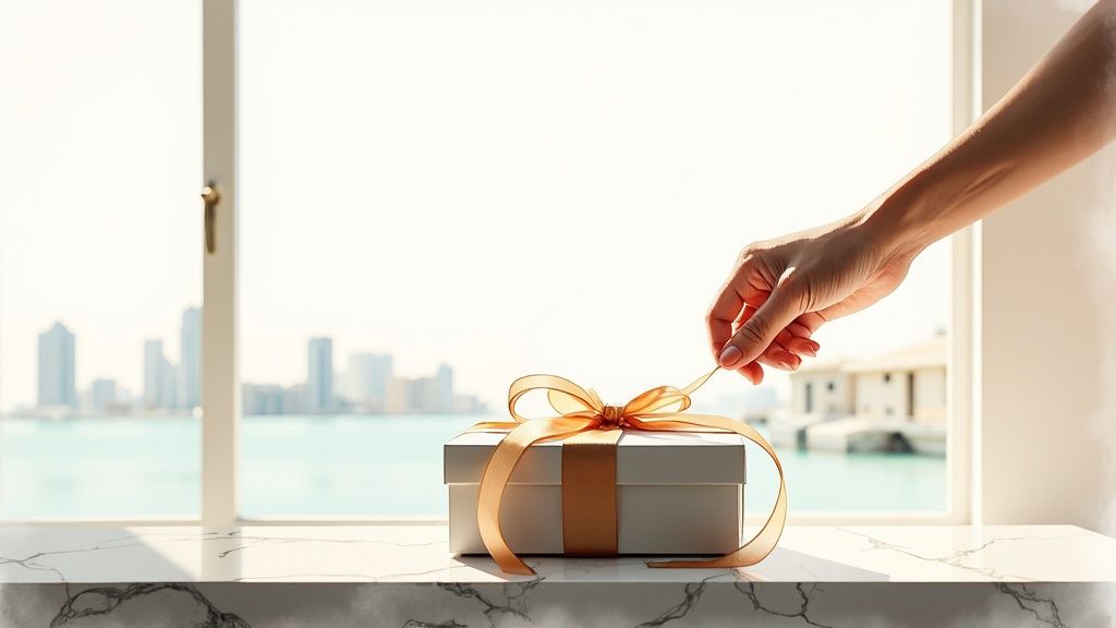 Thoughtfully wrapped gift box with a pink ribbon being held.