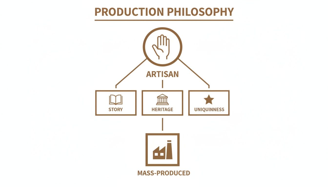 Diagram illustrating production philosophy, contrasting artisan qualities (story, heritage, uniqueness) with mass production.