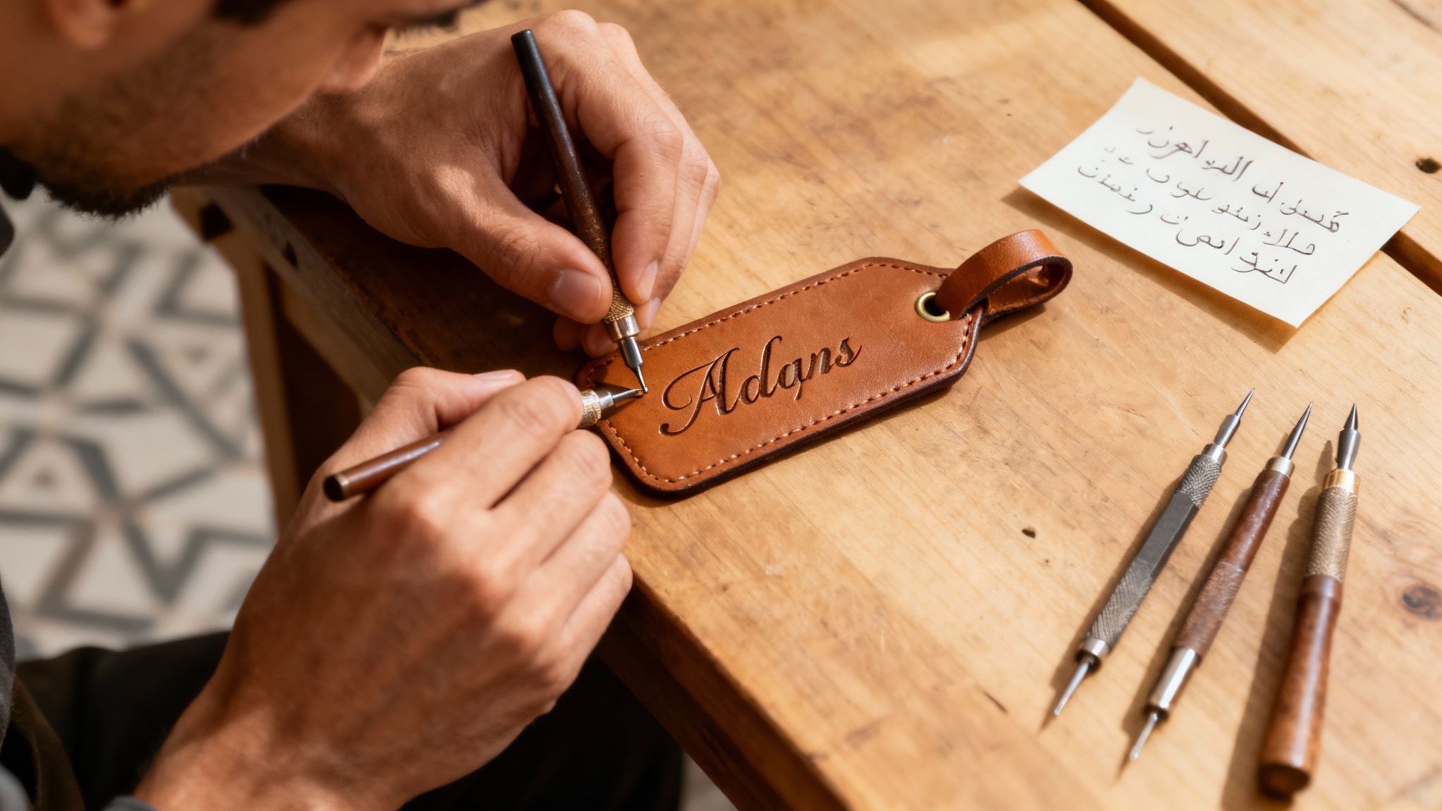 A close-up of a personalised leather journal being engraved, with elegant tools in the background, signifying craftsmanship.