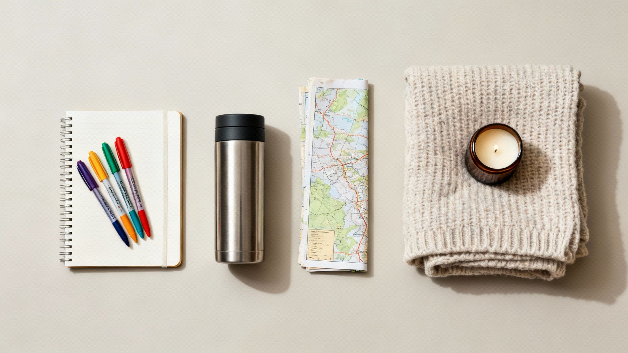Overhead shot of cozy travel essentials: a notebook, colorful pens, thermos, map, knit blanket, and candle.