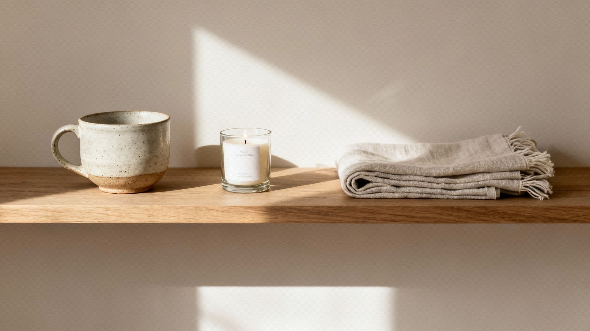 A ceramic mug, lit candle, and folded linen textiles on a natural wood shelf.