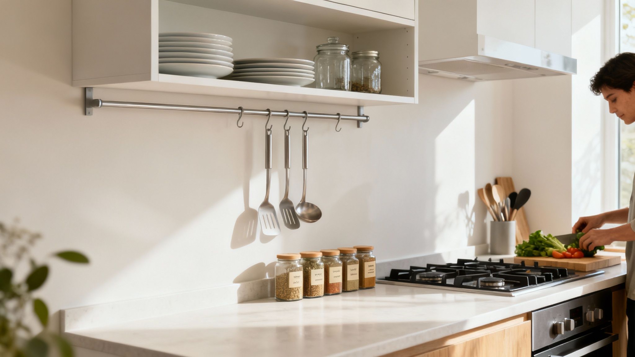 A beautifully organised kitchen with minimalist white kitchen racks and shelves holding ceramic plates, bowls, and green plants.