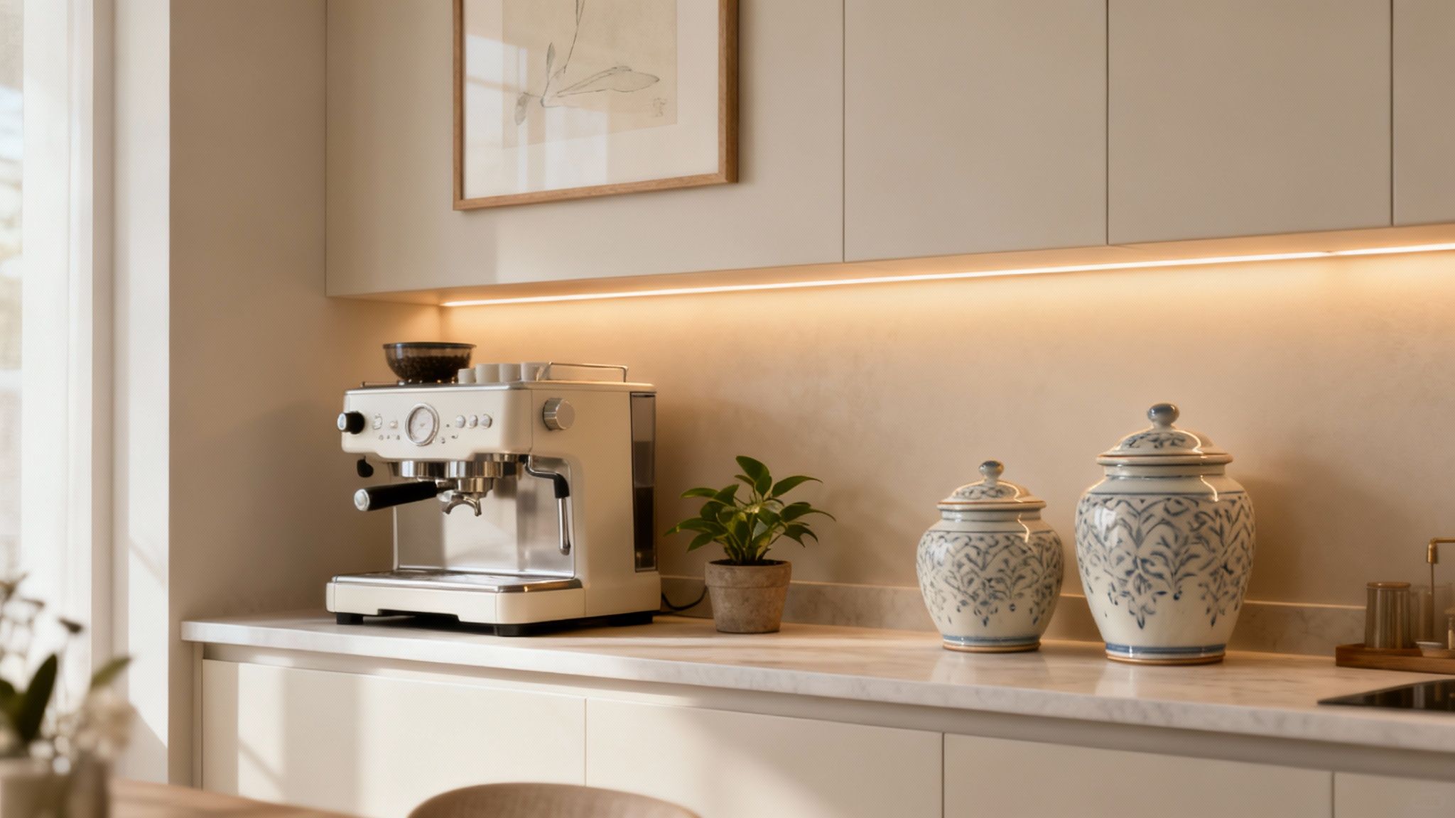 A stylish coffee bar cabinet with warm under-cabinet lighting, a small green plant, and decorative canisters.