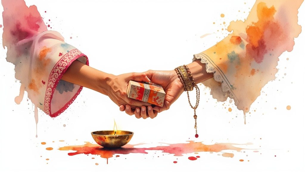 Two hands exchanging a wrapped gift, surrounded by colorful watercolor splashes and a lit lamp.