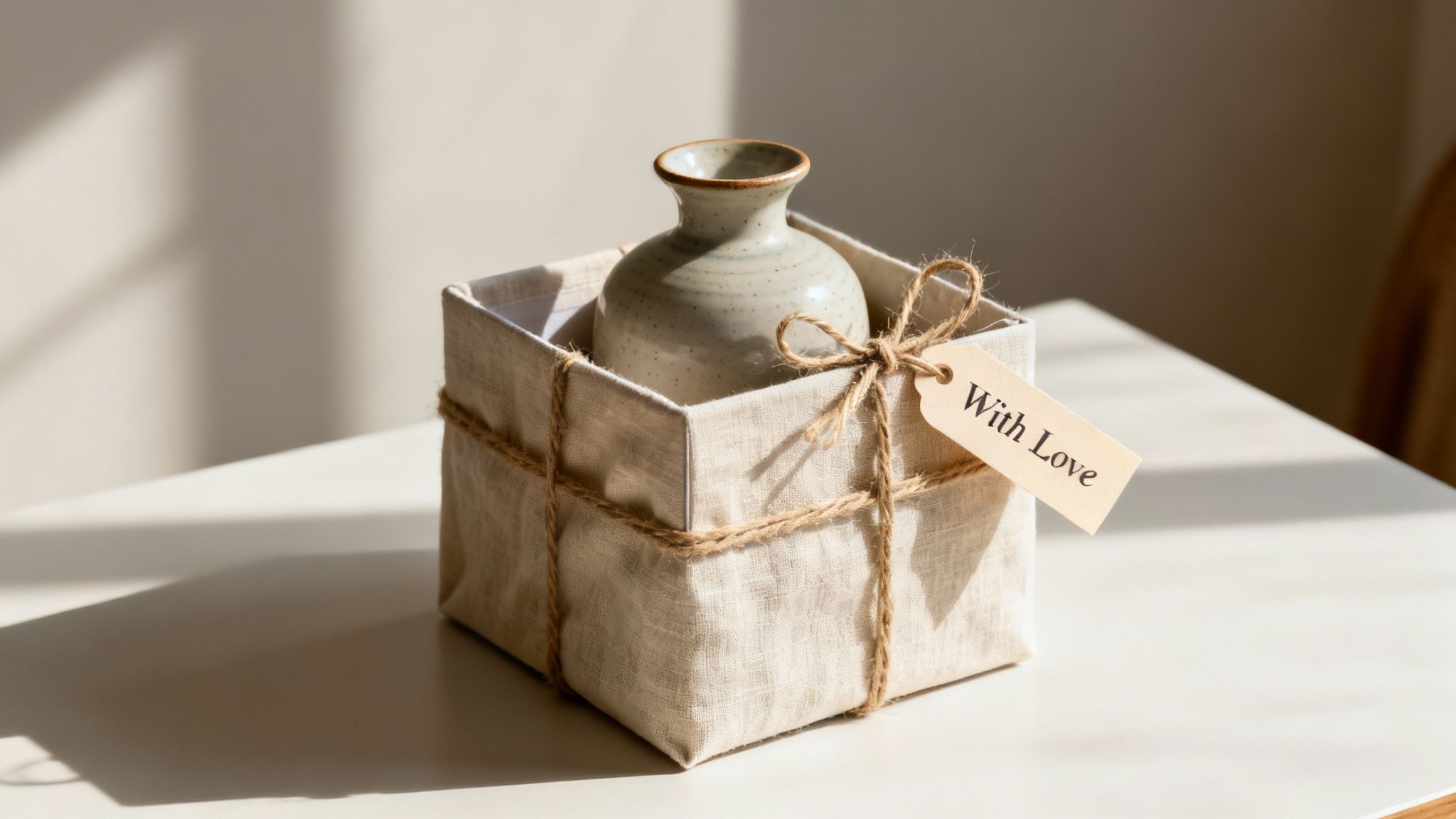 A speckled ceramic vase inside a fabric-covered gift box, tied with twine and a 'With Love' tag.