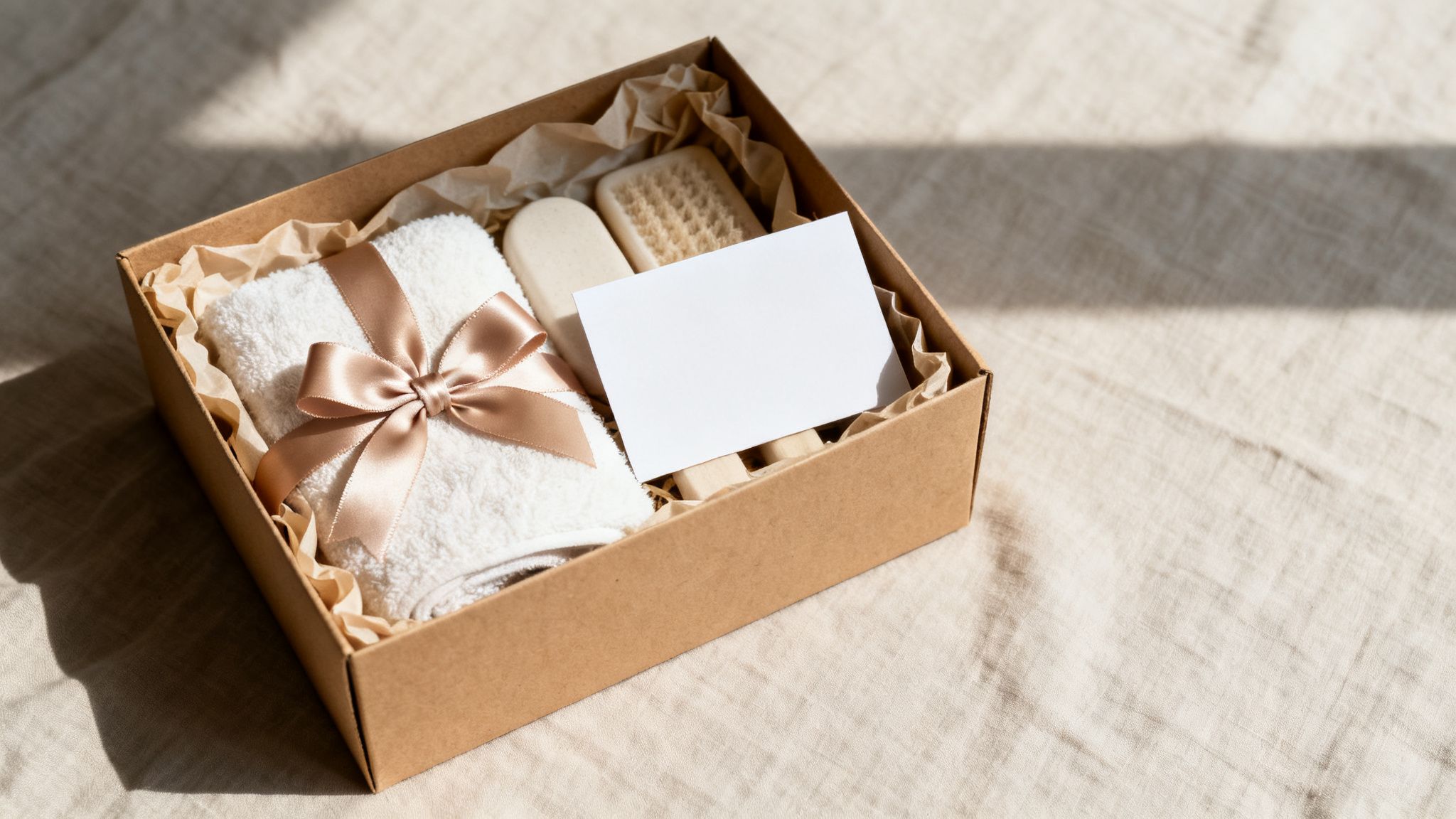 A brown gift box filled with bath accessories: a folded white towel with a ribbon, soap, and a body brush, along with a blank card.