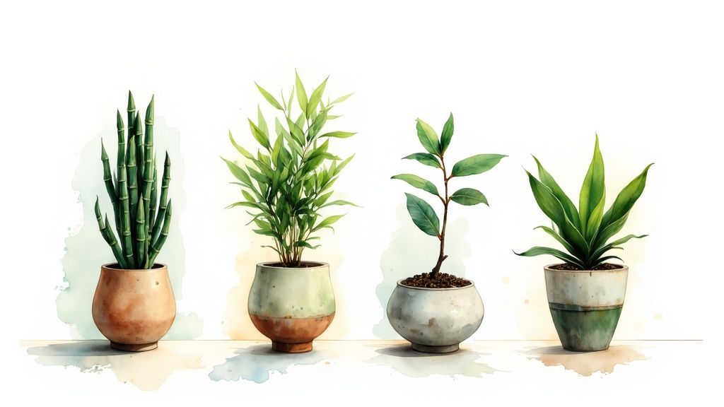 A lush lucky house plant in a stylish, handcrafted pot.