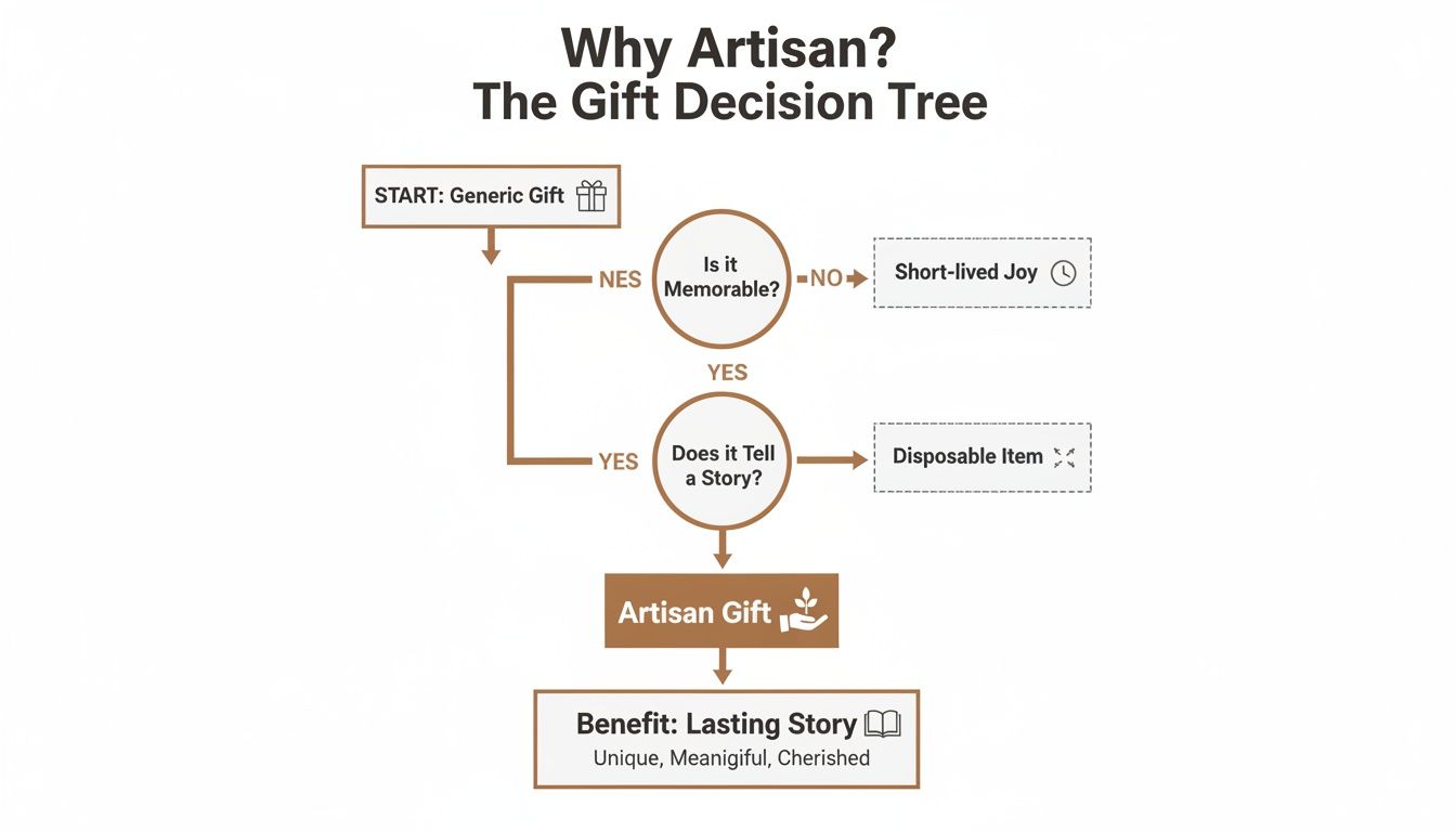 A decision tree flowchart explaining that memorable gifts telling a story result in artisan gifts and lasting joy.
