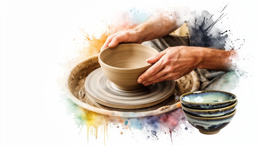 Hands of a potter shaping a clay bowl on a pottery wheel with finished ceramic bowls nearby.