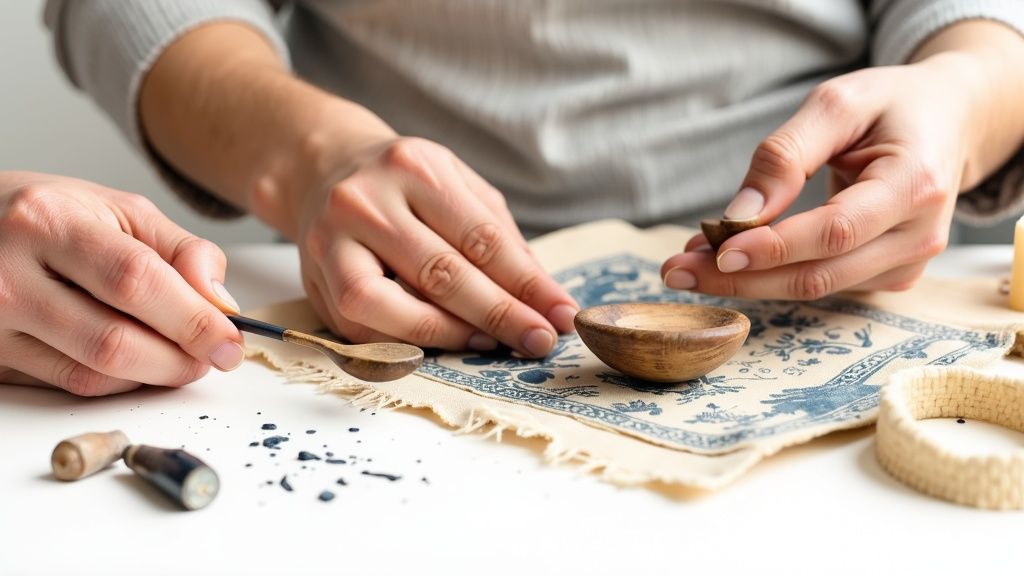 Close-up of hands crafting small wooden items, including a spoon, bowl, and cup, on a patterned cloth.