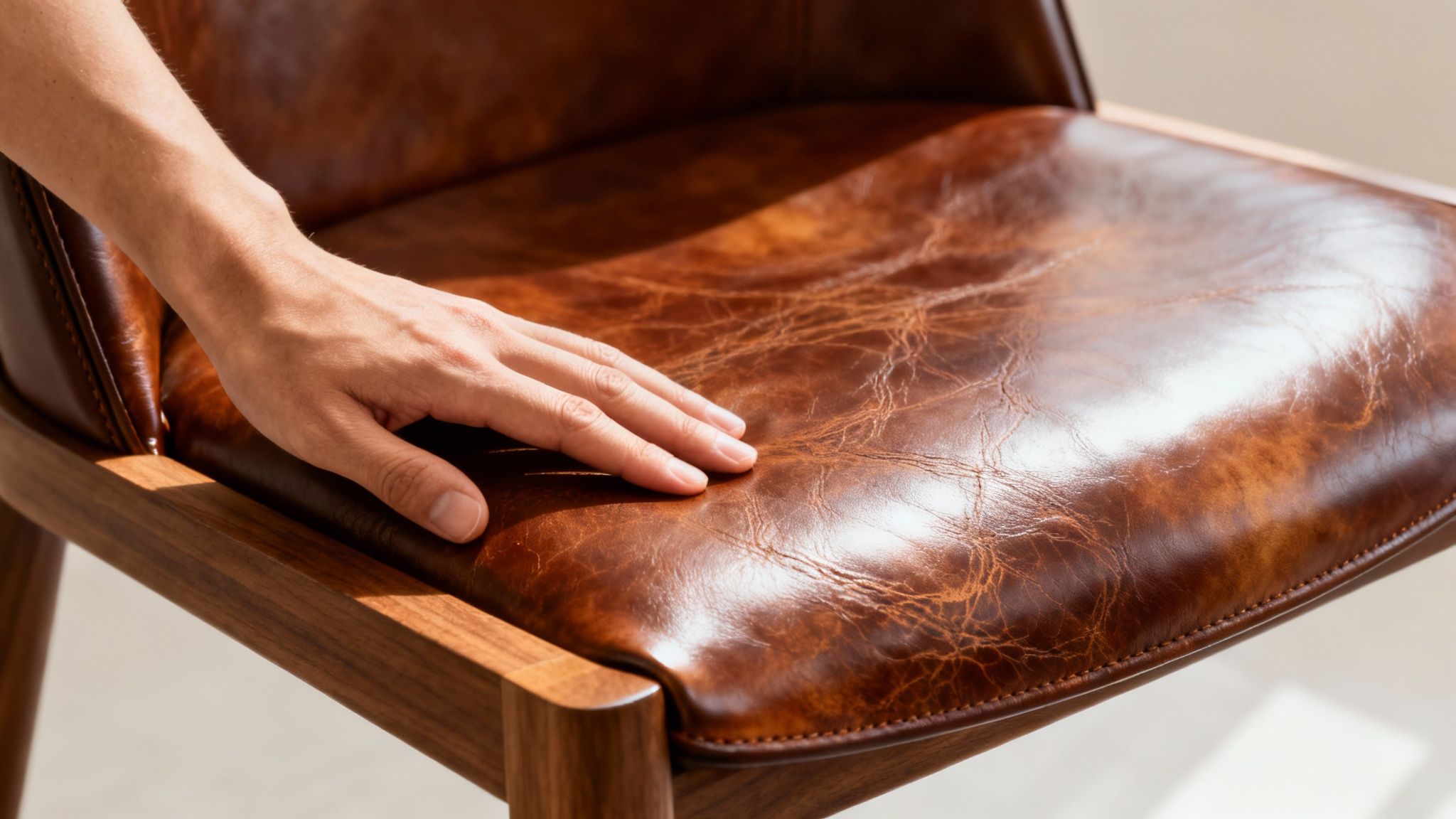 A hand gently touches the textured brown leather seat of a modern dining chair, highlighting its quality.