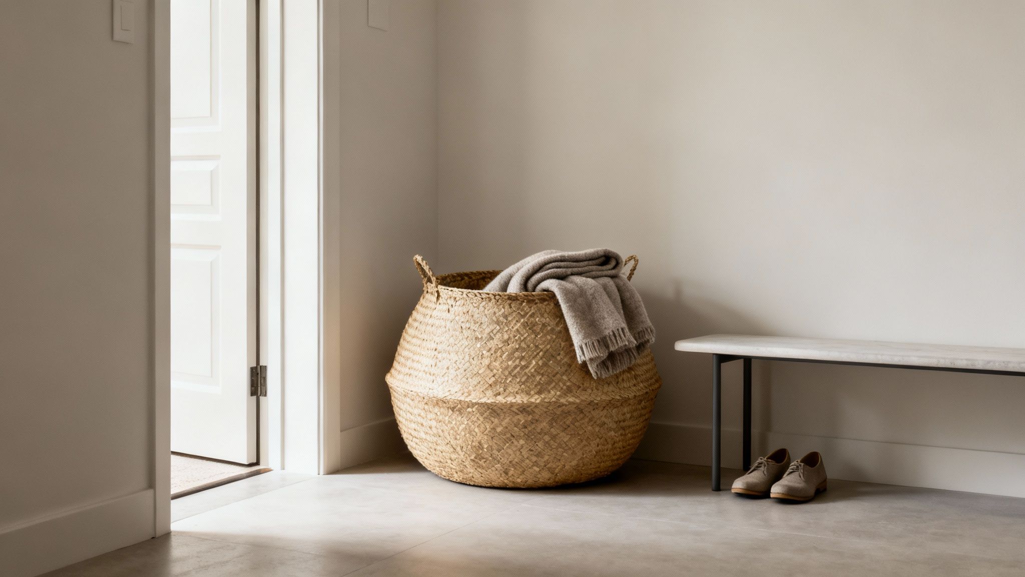 Neutral-toned entryway with a large wicker basket, folded blanket, marble bench, and shoes.