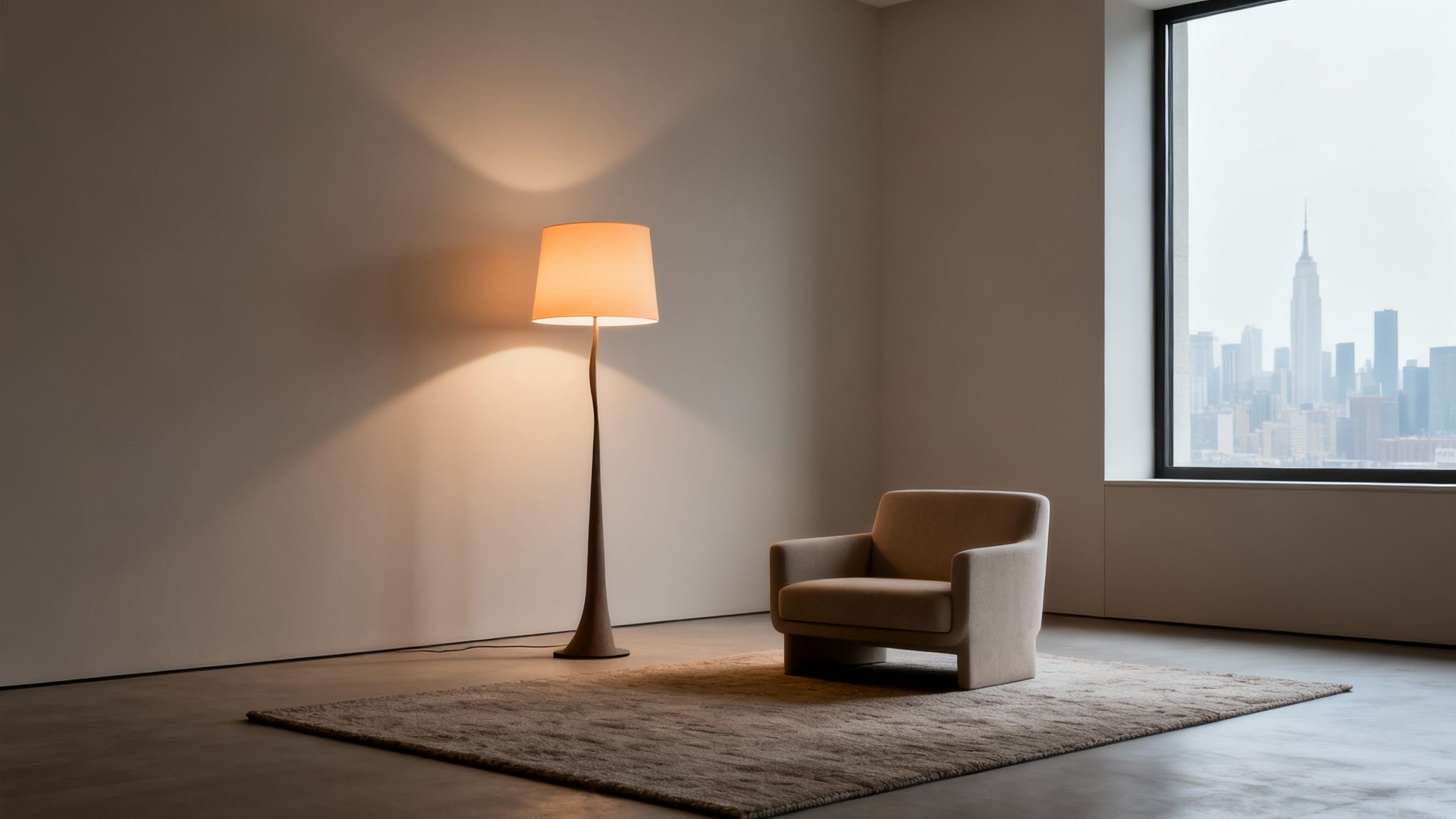 A contemporary living space with a warm glowing floor lamp, a comfy armchair, and a city view.