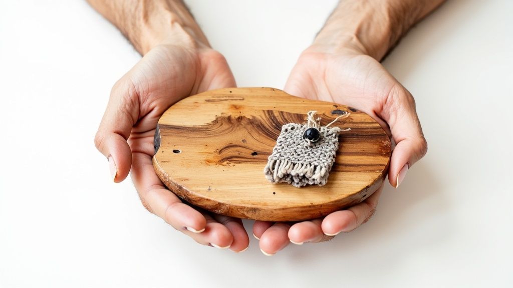 Hands gently hold a small rustic wooden board with a tiny knitted square and black bead.