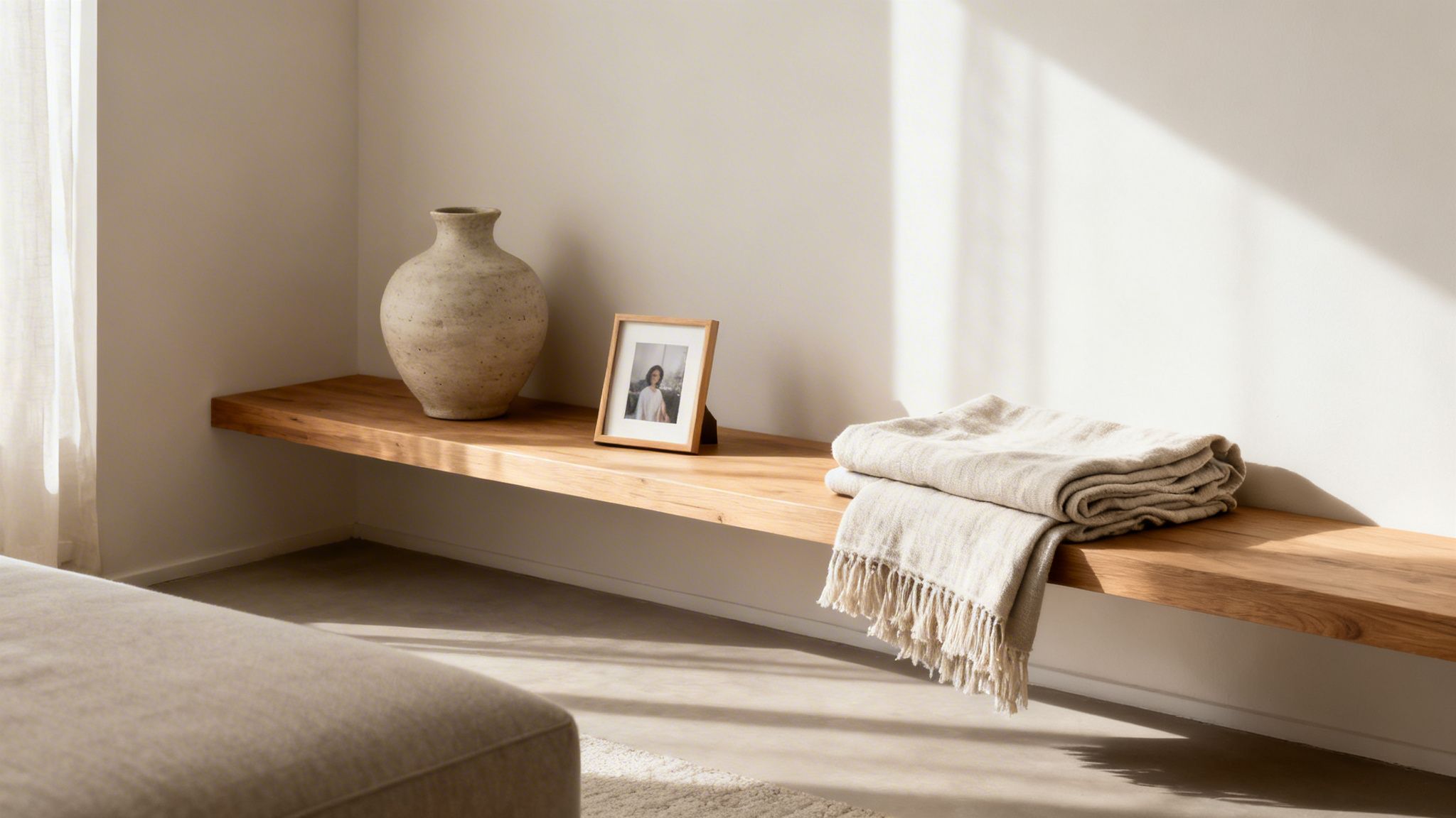A minimalist room corner with a wooden floating shelf, beige vase, framed photo, and linen blankets.