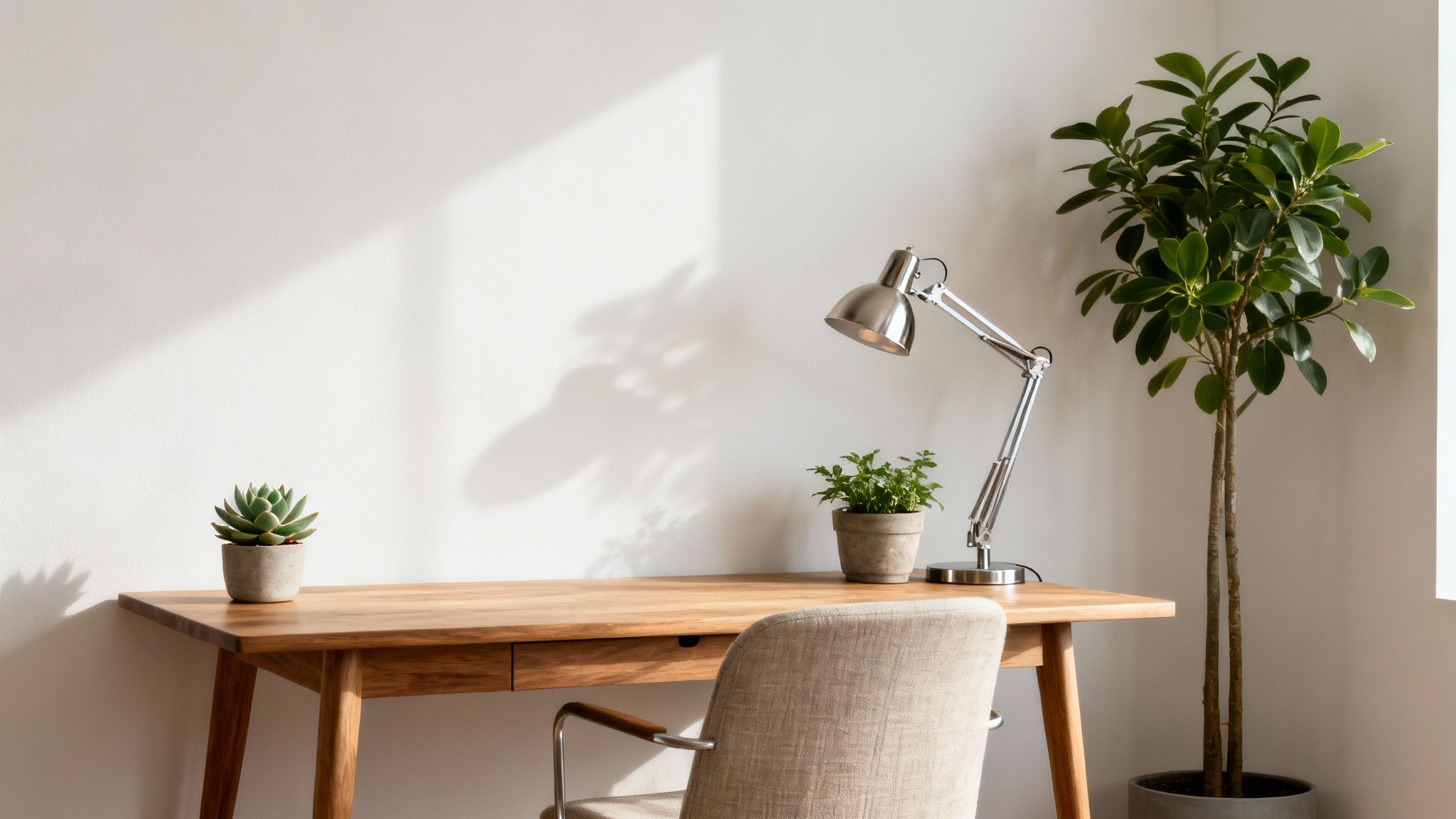 A bright home office with a wooden desk, a silver lamp, and various indoor plants, bathed in natural sunlight.
