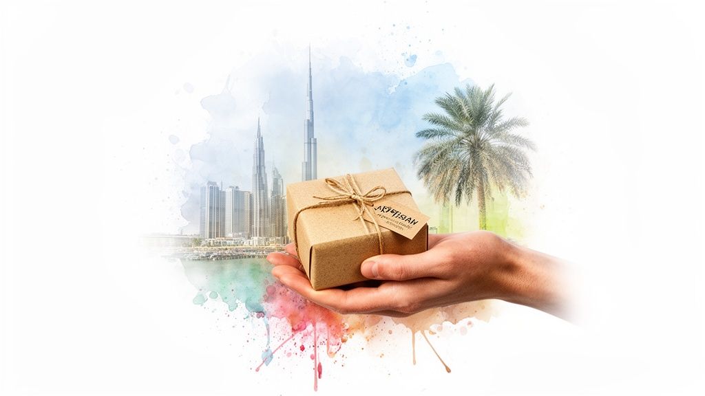 A hand holds a brown gift box with an 'ARTISAN' tag against a watercolor Dubai skyline.
