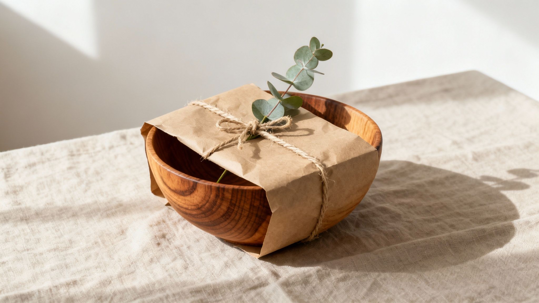 A rustic gift wrapped in brown paper with eucalyptus and twine, inside a wooden bowl on a linen table.