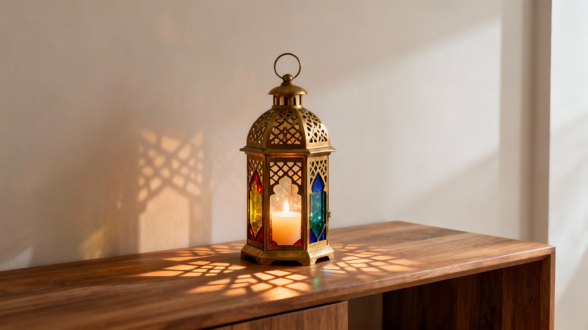 A decorative golden Ramadan lantern with colorful glass and a lit candle on a wooden table.