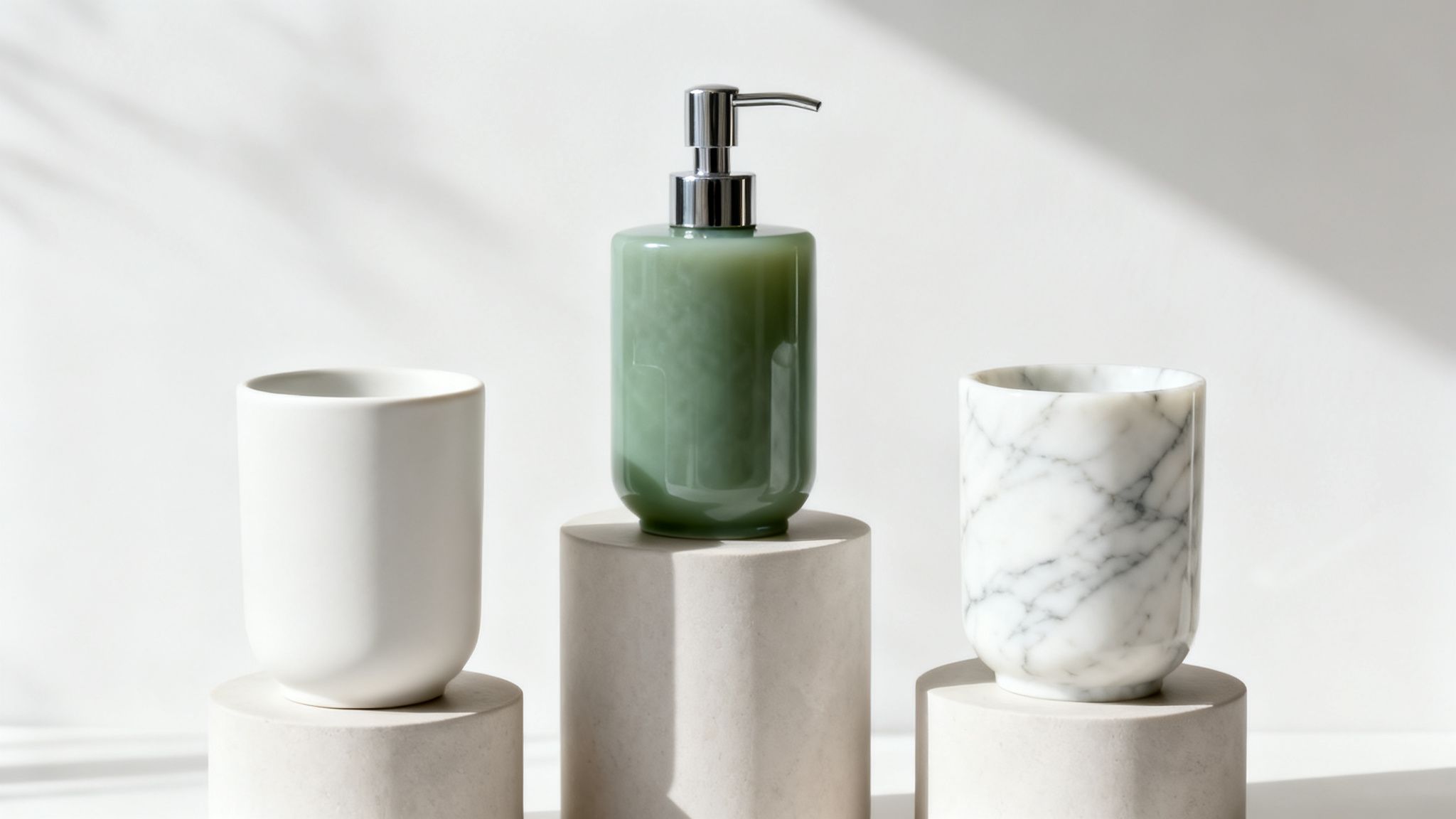 Minimalist bath accessories set with green soap dispenser, white and marble tumblers on pedestals.