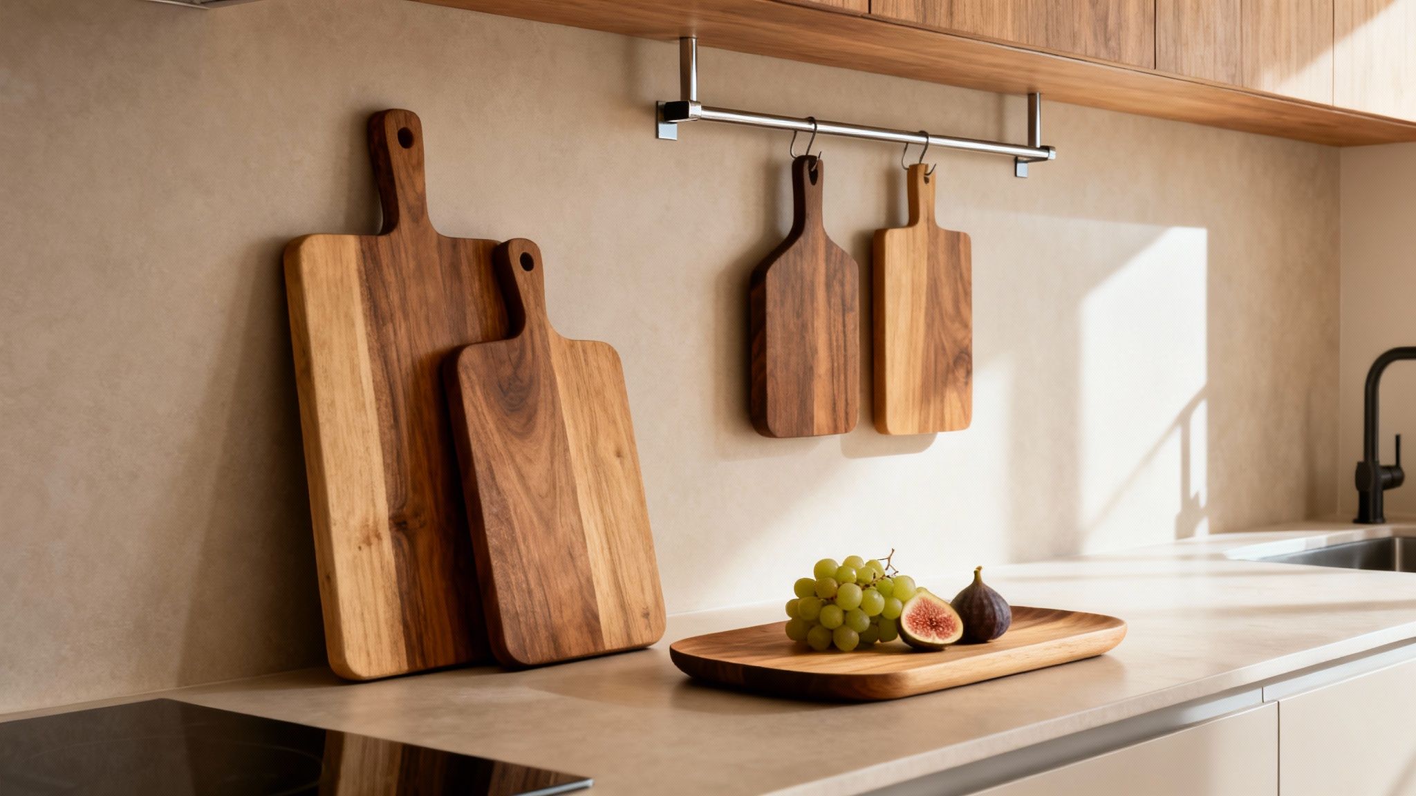 Multiple wooden cutting boards are neatly displayed in a modern kitchen, alongside fresh fruit.