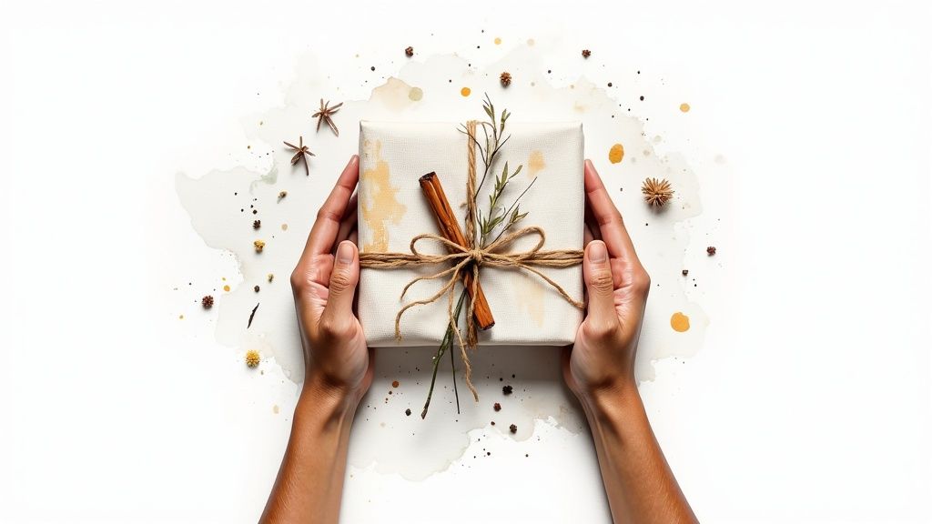 Hands holding beautifully wrapped gift box with cinnamon sticks, rosemary, and twine bow