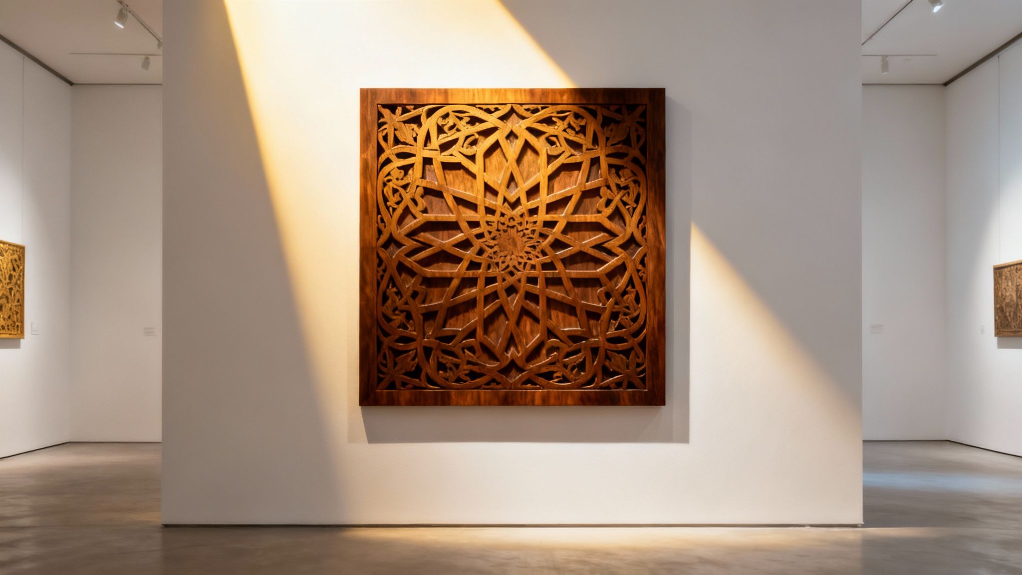 Intricate wooden artwork with geometric and floral patterns illuminated by a warm light in a gallery.