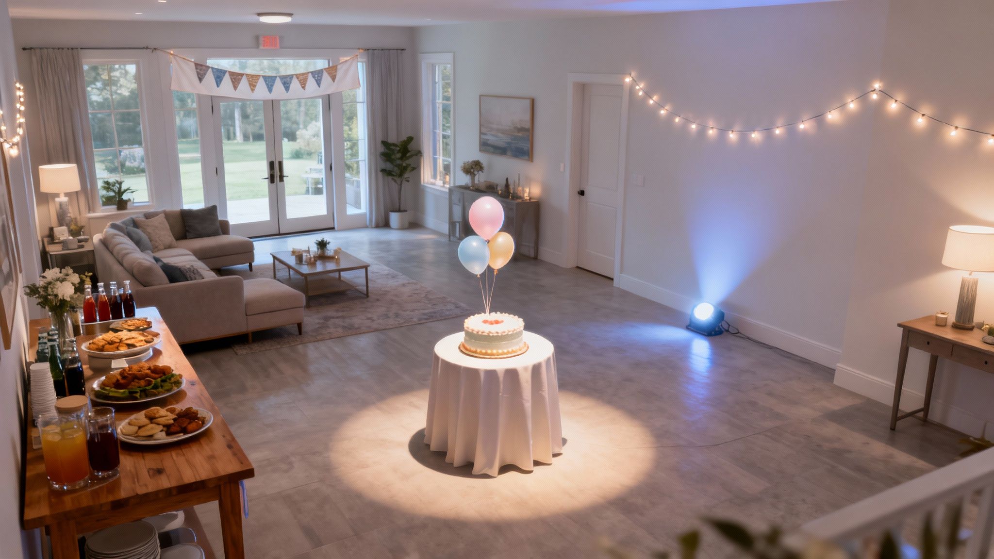 A well-lit living room set for a birthday, showing clear zones for socializing, food, and a photo backdrop.